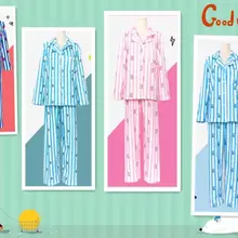 Женский фланелевый теплый пижамный комплект Kpop Harajuku мультфильм печатных пижамы кавай корейский фланелевый теплый полосатый костюм из двух предметов