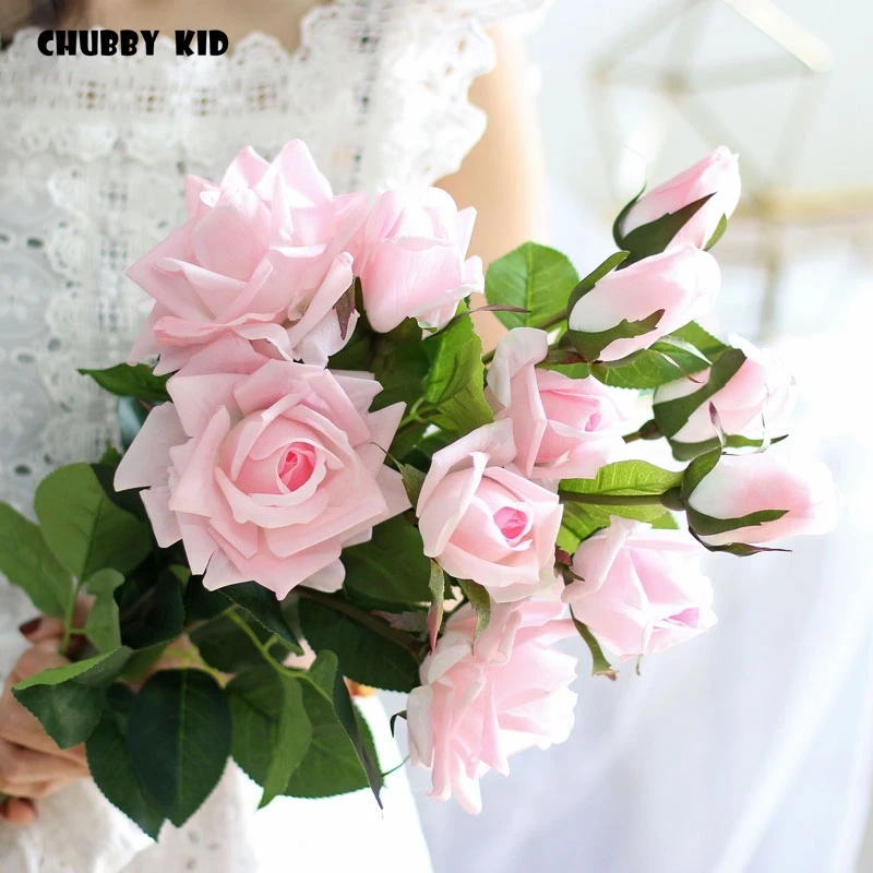6pcs! Hi-Q real touch 3 heads artificial rose flowers wedding decorative Moisturizing felt 87cm long branch / stem latex | Дом и сад