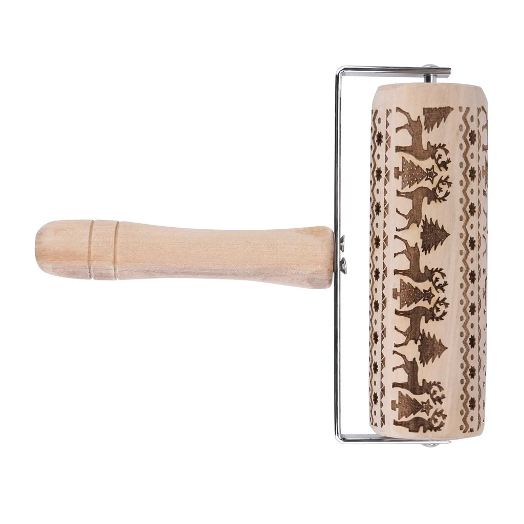 Embossed Rolling Pin Christmas Wooden Rolling Pins For Baking Embossed Cookies - Color: A