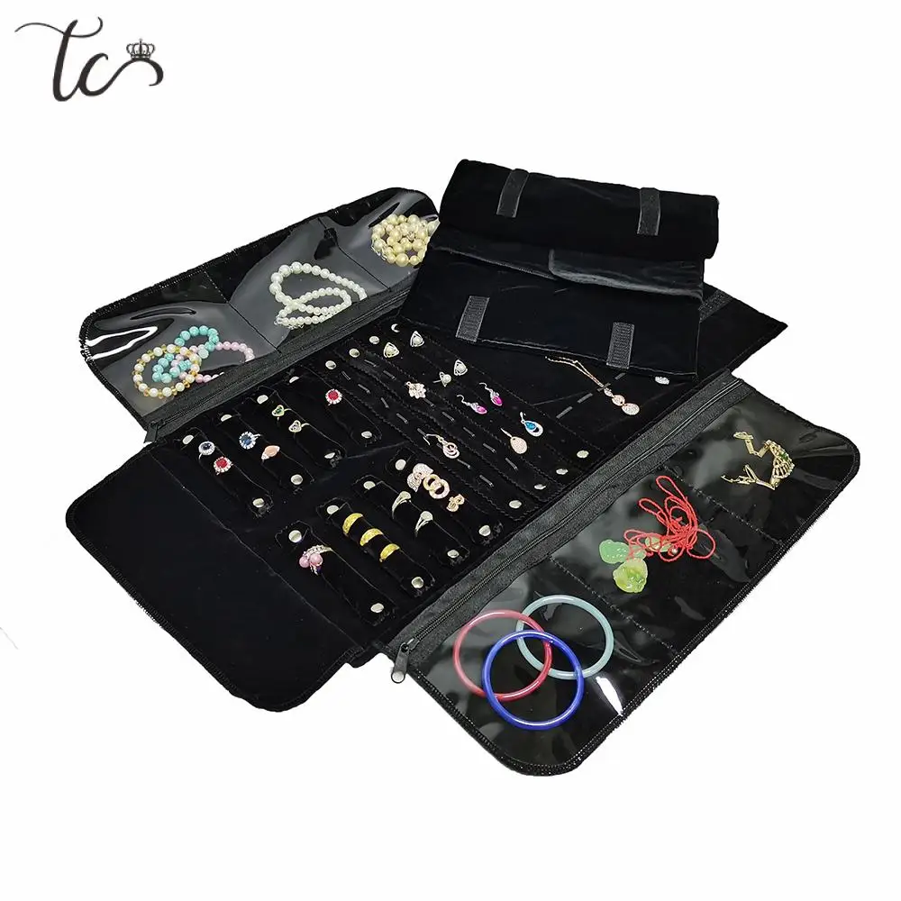 Black Velvet Jewelry Roll Bag for Jewellery Pendant Organizer Storage Foldable Bag Portable Necklace Display Cases Zipper Pouch