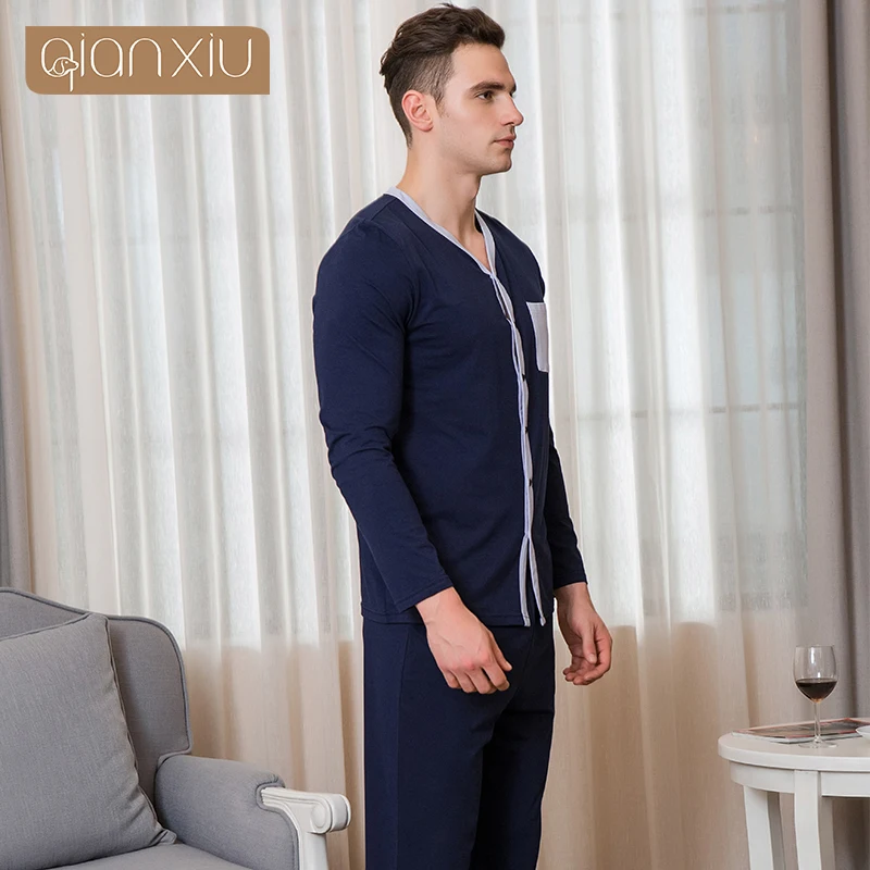 Men's Spring Autumn Cotton Dark Blue Pajamas Crew neck Long Sleeve Suit Home Suit Men's Pajamas Cardian Sleepwear Nightgown