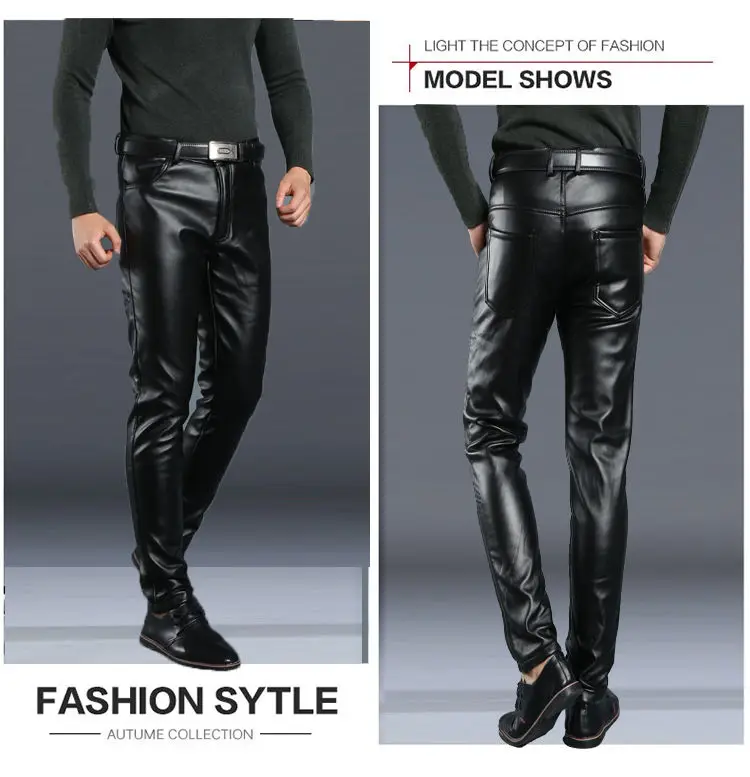Leather Pants Mens Skinny Pants Elastic Spring Autumn Fall Fleece Thickened Youth Man Leather Motorcycle Pants Male Pencil Pants Leather Pants Mens Skinny Pants Elastic Spring Autumn Fall Fleece Thickened Youth Man Leather Motorcycle Pants Male Pencil Pants
