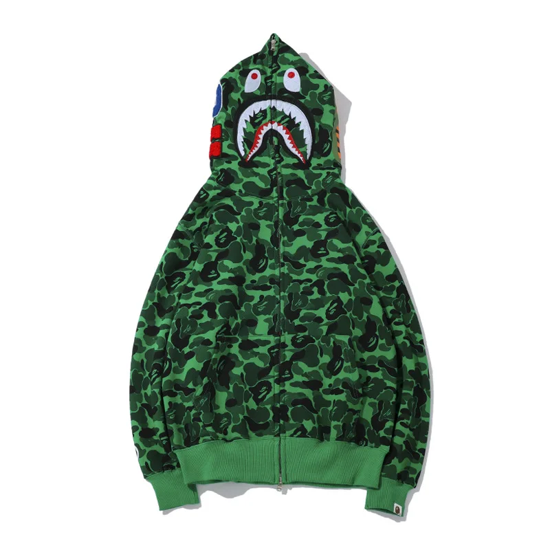 

2018 Fall Green Camouflage Shark Head Fleece Slim Sanitary Clothes Loose Leisure Coat Harajuku Kanye West Hoodie Men