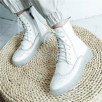

Clear Sole Platform Emborider Laces Ankle Boots Retro Cowboy Short Boots Genuine Leather White Shoes Western Martin Boots Winter