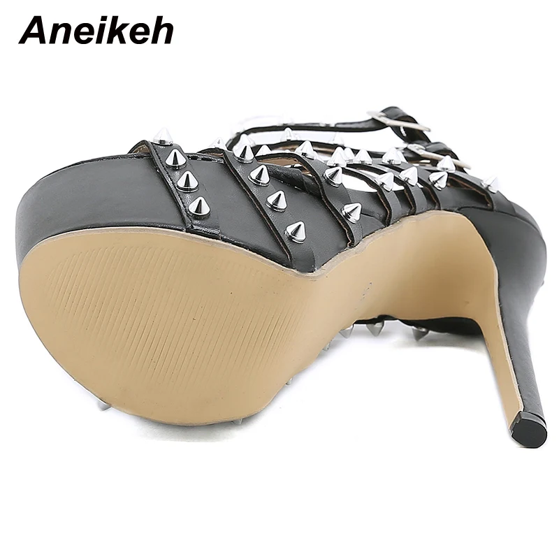 Aneikeh Gladiator Rivet Women High Sandals Summer Sexy Stripper 17.5CM Thin Heels Shoes Platform Fashion Narrow Band Pumps