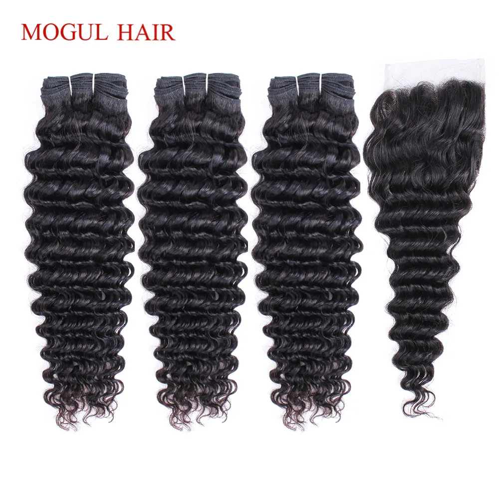 

MOGUL HAIR Brazilian Deep Wave Bundles With Closure Natural Color 10-26 inch 2/3 Bundles Non Remy Human Hair Extension