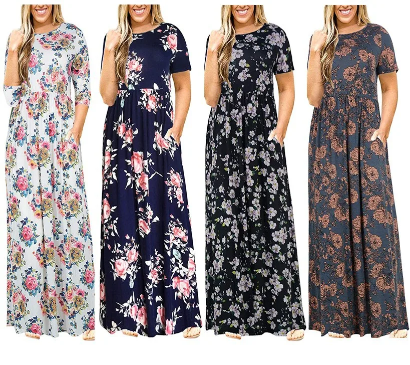 

Europe And America Women's Summer Hot Selling Short Sleeve Solid Color Crew Neck Dress Printed Dress Large Size Women's