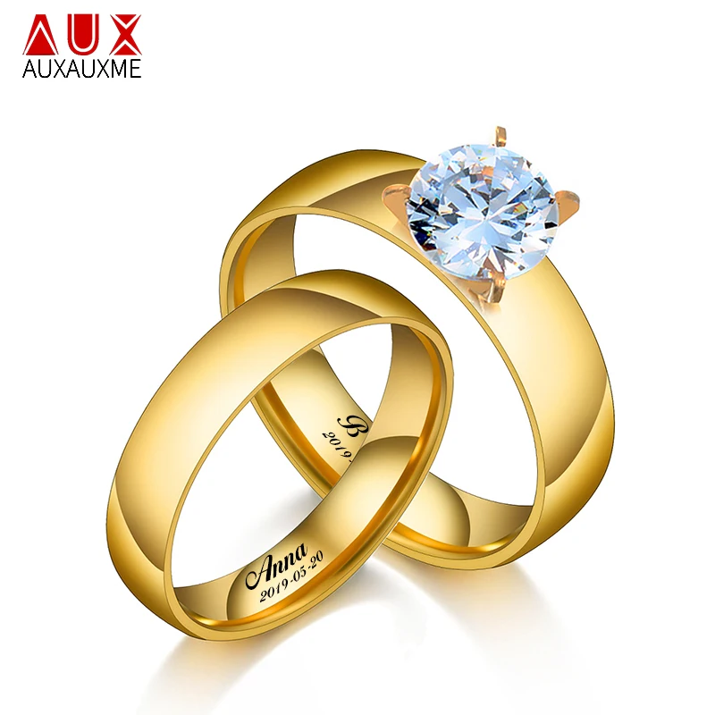 

Auxauxme Shining Cubic Zircon Lover's Engagement Rings Gold Stainless Steel Engrave Name Date Wedding Band Ring Couple Women Men