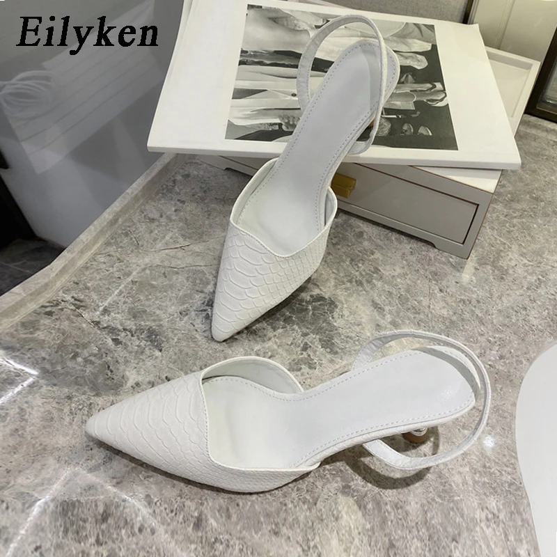 

Eilyken Fashion Sexy Snake Prints Leather Pointed Toe Slingback Stiletto Heels Pumps Summer Sandals Women Party Shoes Mules
