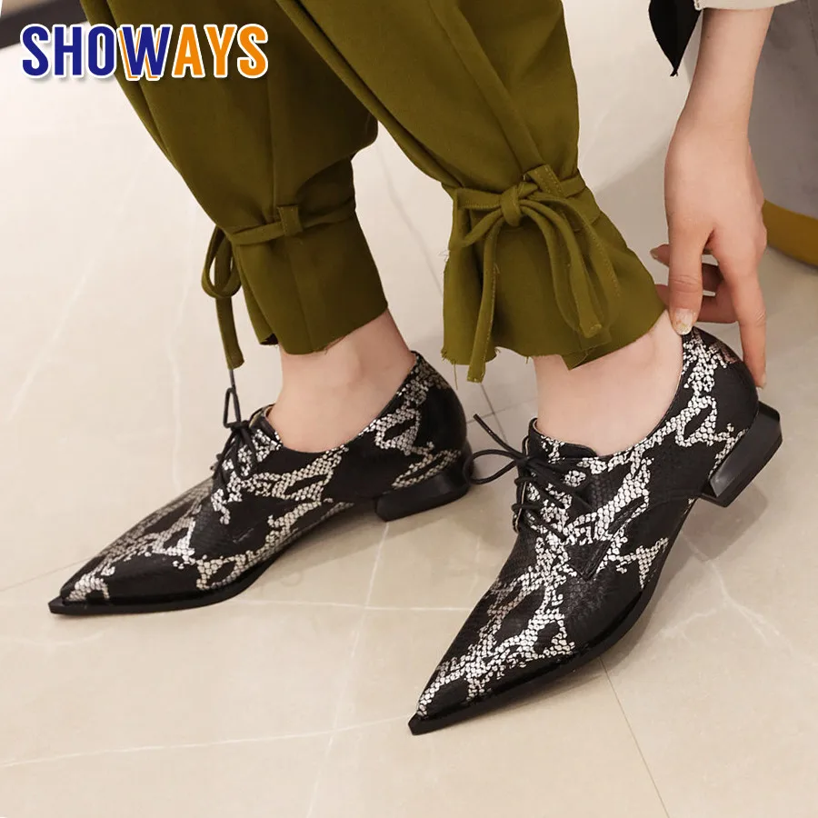 

British Oxfords Women Brogues Gold Snakeskin Print Pointed Toe Flats Low Square Heels Dress Party Ladies Lace Up Vintage Derbies