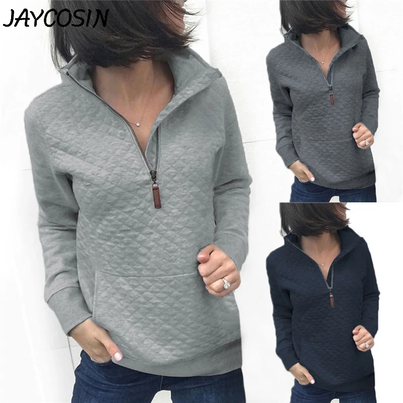 

JAYCOSIN Autumn Winter Womens Sweatshirt Solid Zipper Pockets Long Sleeve Casual Hooded Sweatshirt Pullover Tops sudadera mujer