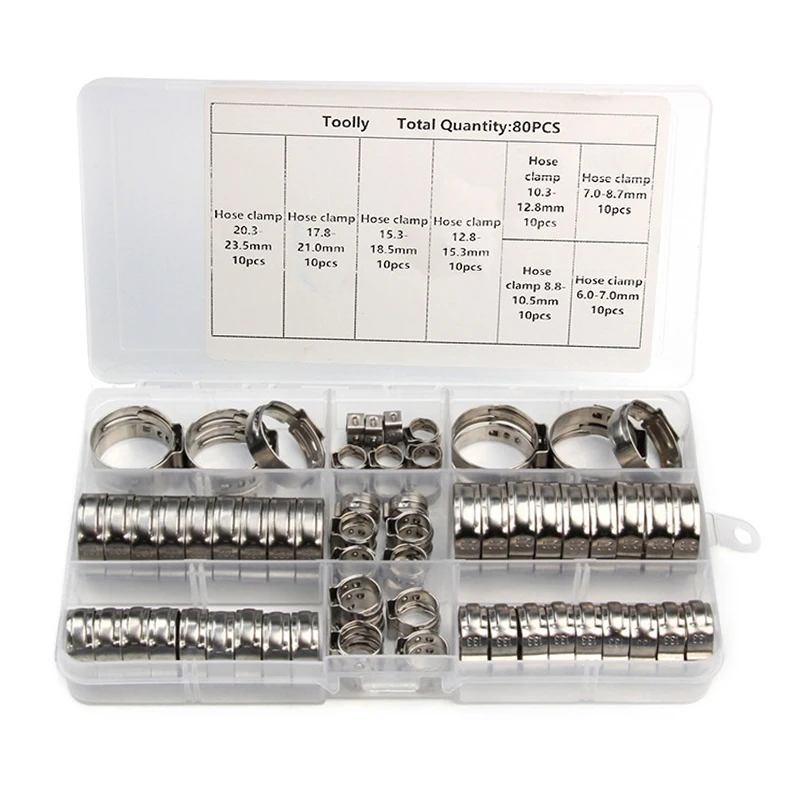 

80Pcs Single Ear Hose Clamps Stainless Steel Hydraulic Hose O Clips Water Pipe Clamps tool parts supplies
