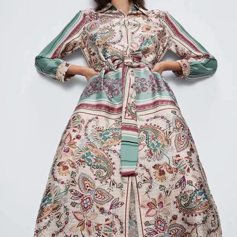 Женское платье рубашка ZA винтажное до середины икры с принтом и поясом|Платья| |
