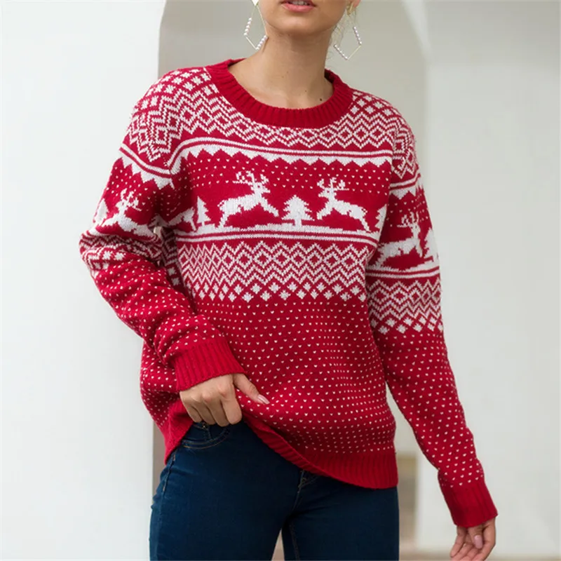 red sweater Рождественский женский свитер, пуловер с принтом лося, свитера, осенне-зимние топы, женская одежда с длинным рукавом, вязаный повседневный, высокое качество - Цвет: red sweater