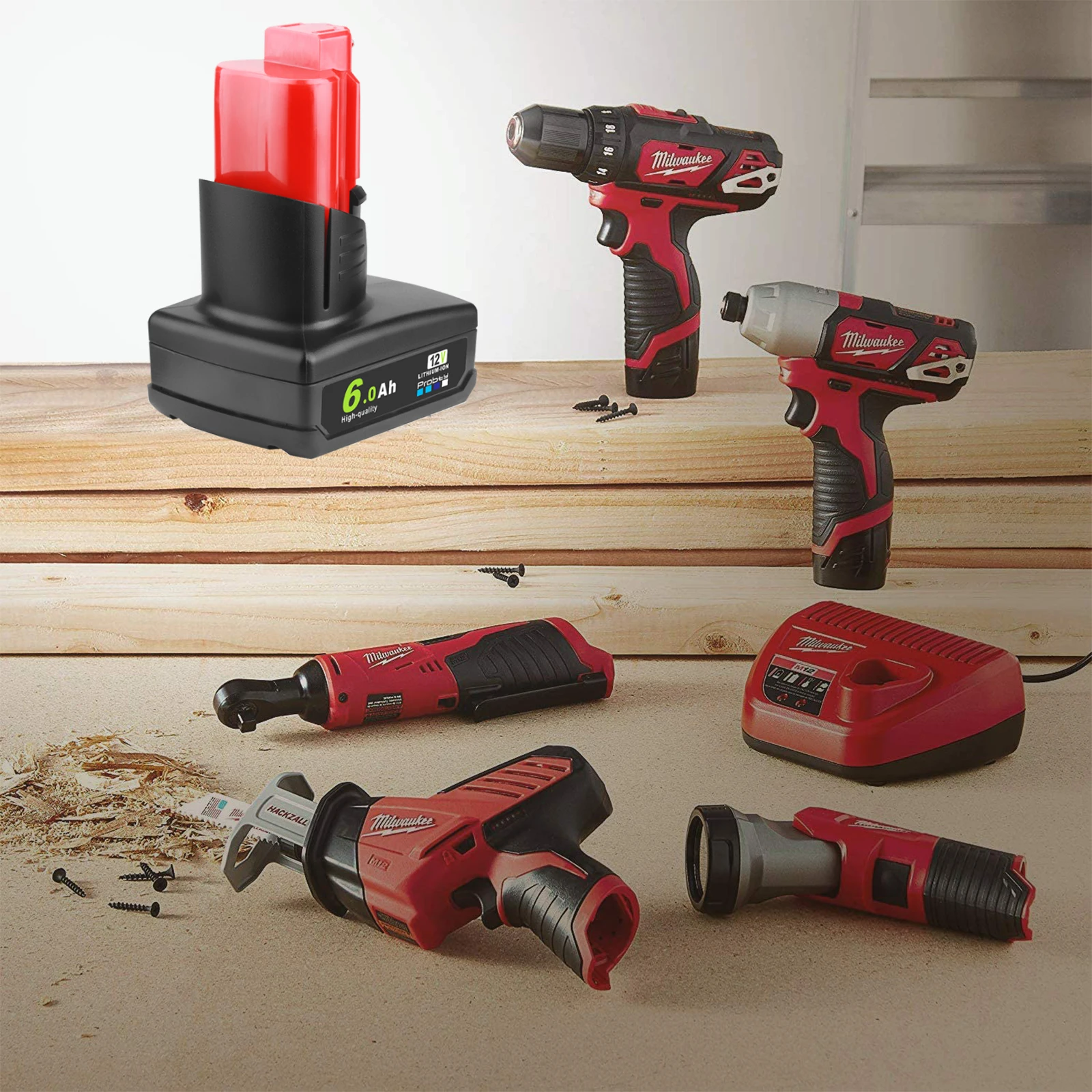 de 2 baterías de repuesto para Taladro Inalámbrico Milwaukee, 12V, 6000mAh, Li Ion, M12, 48 11 2401, 48 11 2402|Baterías recargables| -