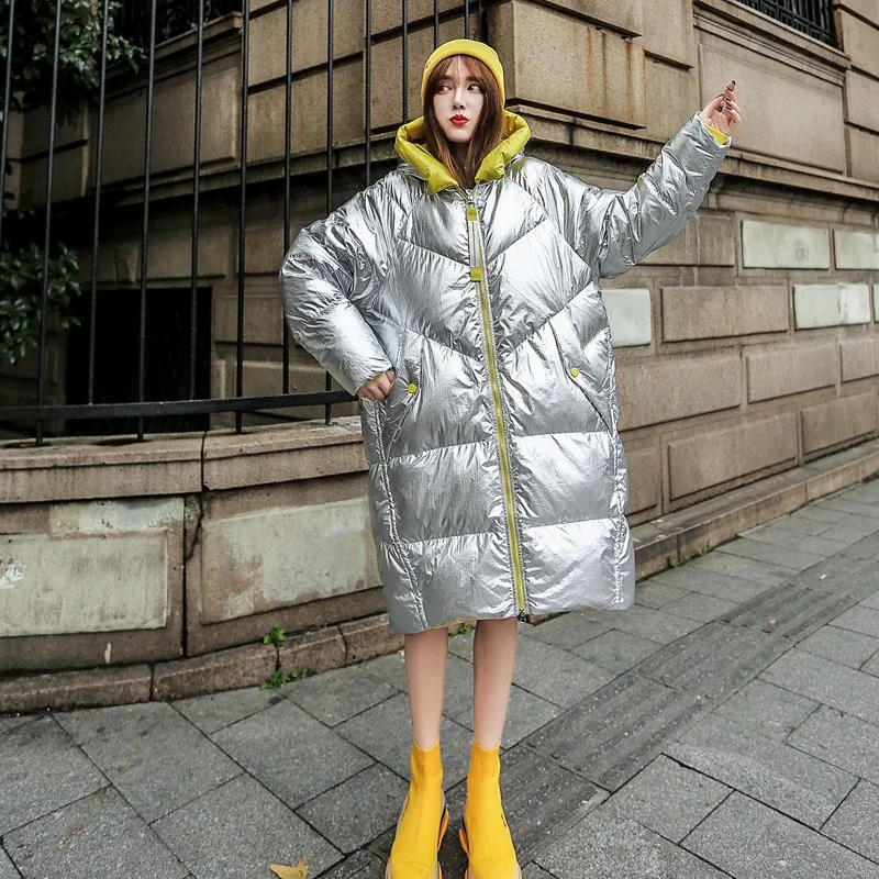 

Fluffy printed cotton coat Winter oversized warm glossy silver cotton coat parkas female thick longer hooded jacket F362