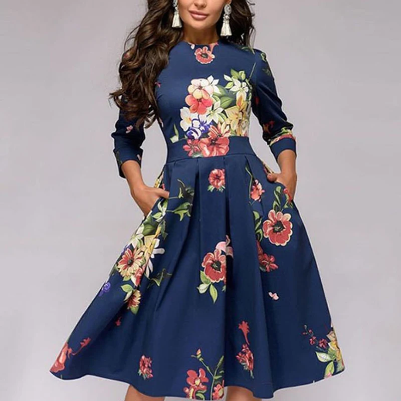 NORMOV винтажное платье с принтом женское элегантное с круглым вырезом семь четвертей рукав женское тонкое платье А-силуэта плюс размер 3 цвета платье