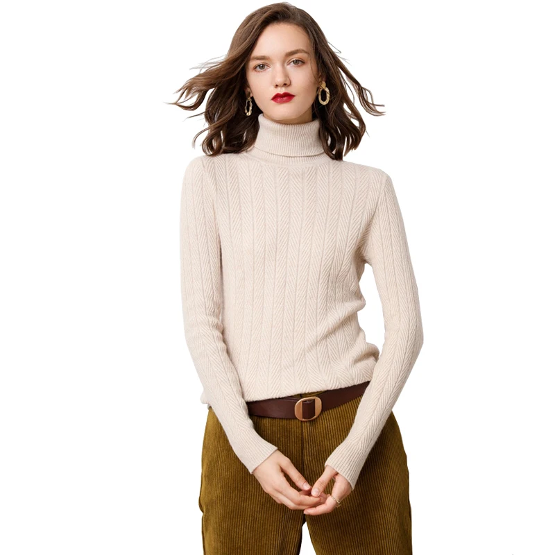New Winter Thick Warm Jacquard Turtleneck Cashmere Sweater Women Solid Long Sleeve Pullover Sweater Khaki Beige Black Green