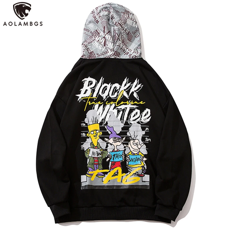 

Aolamegs Hoodie Men Color Block Cartoon Comics Print Streetwear Men Drawstring Big Pocket Casual Hip Hop Fashion Hooded Pullover