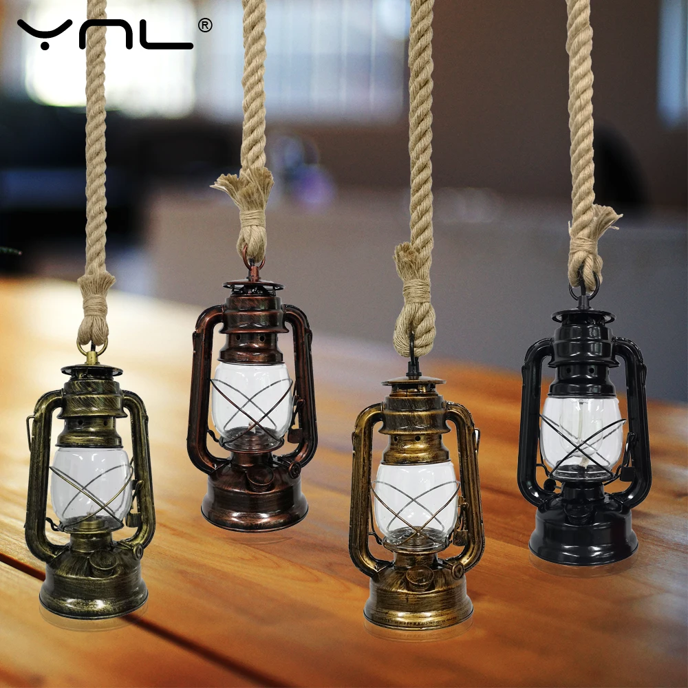 

Vintage Kerosene Pendant Lamp E27 Loft Industrial Lighting Retro Hemp Rope Light Hanging Lamp Dining Room Bedroom Pendant Light