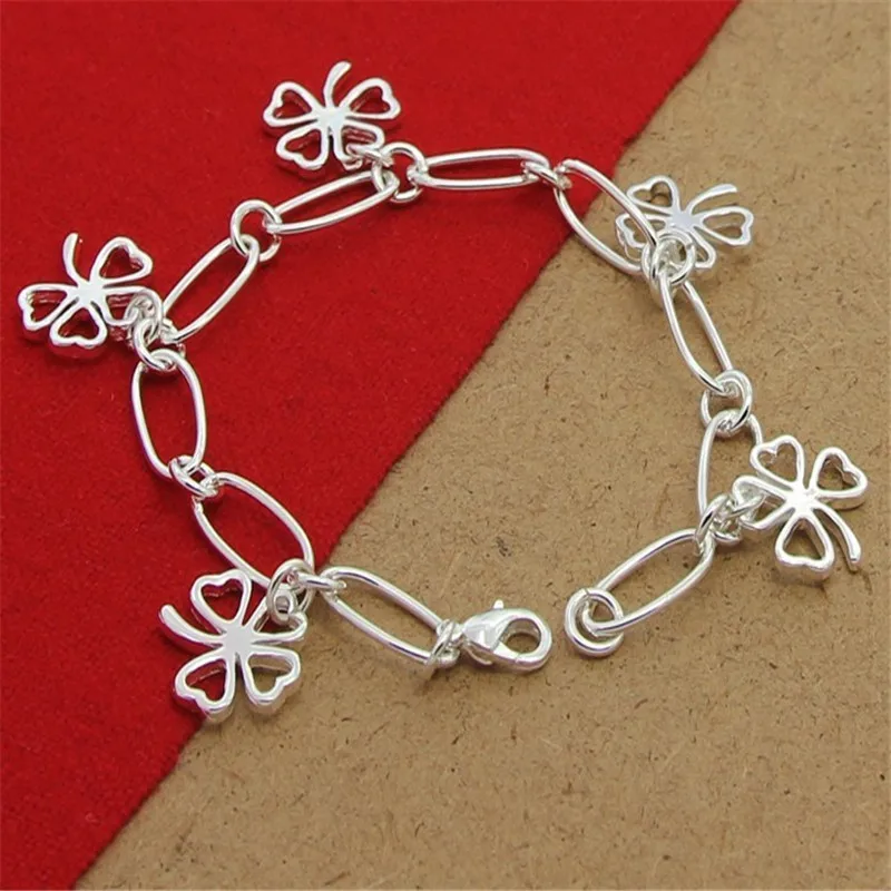 High Quality 925 Sterling Silver Bracelet Four Leaf Clover Paper Clip Bracelet 8 Inches For Women & Men Party Charm Jewelry Gift - Image 3