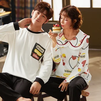 

XIZOU Matching Couple Pajama Set Cotton Pijamas Long Sleeve Pants Sleepwear His-and-her Home Suit Pyjama For Lover Men Women