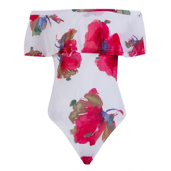 

Sexy Off Shoulder Bodysuit Short Sleeve Floral Print Rompers Womens Jumpsuits Summer Bodysuits Ruffles See Through Jumpsuit