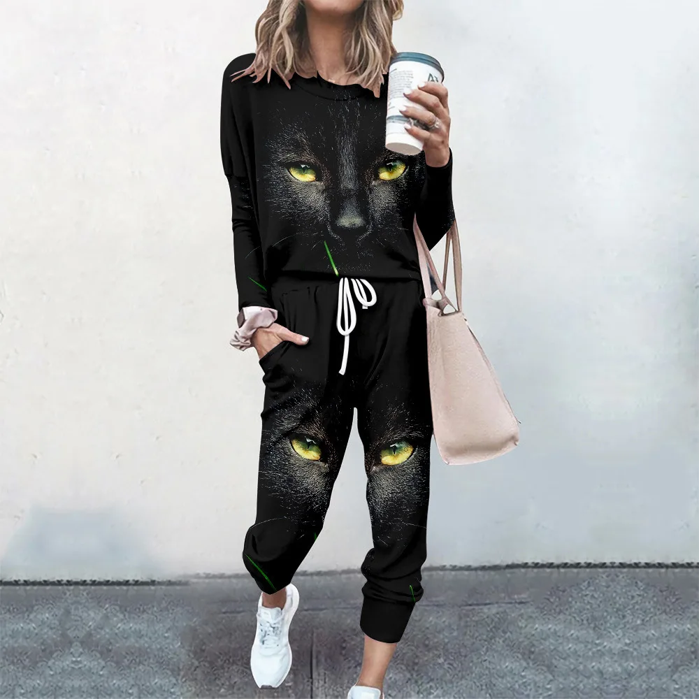 

Women 2 Piece Sets Pullovers Cloting Long Sleeve Cat Print Lady Tops And Elastic Waist Pants Casual Streetwear Tracksuit Female