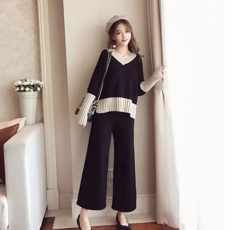 

Autumn Maternity Nursing Sets Black V Collar Knitted Two Piece Outfits Sweater With Wide Leg Pants