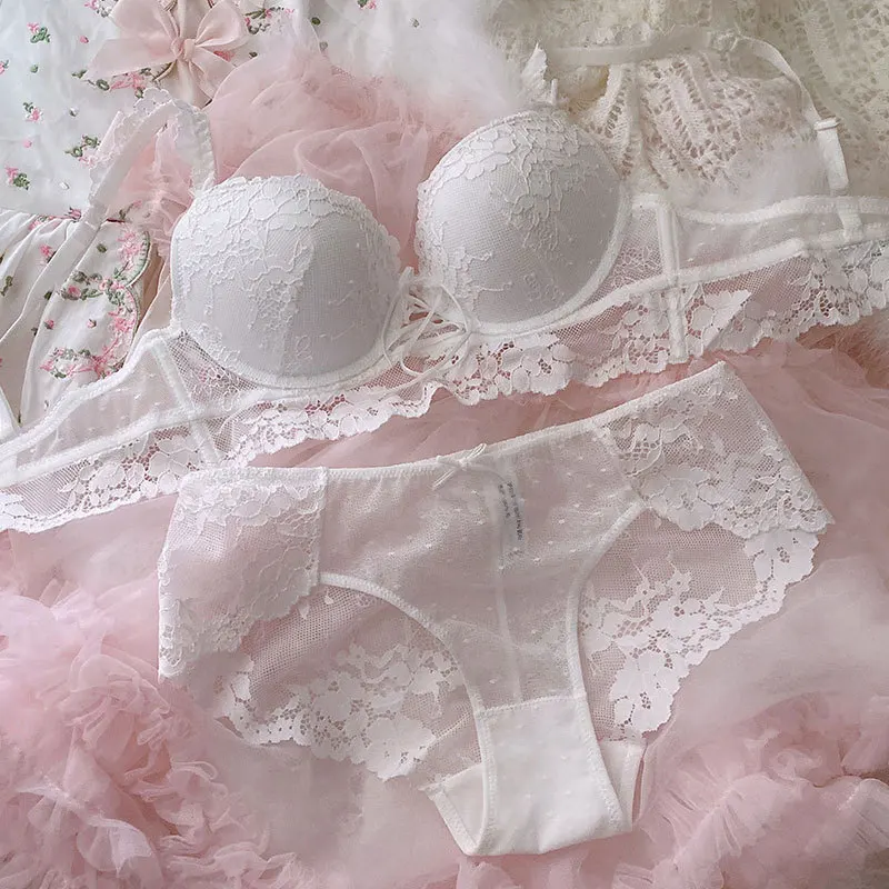 

French Underwear Retro White Lace Sexy Maiden Gather Together Steel Ring Bra & Brief Sets Lolita Cute Briefs Lace Embroidery
