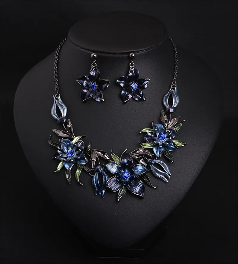 Высокое качество черная цепочка синяя звезда цветок Кристалл колье ожерелье серьги набор для леди роскошный свадебный ювелирный набор - Окраска металла: Blue