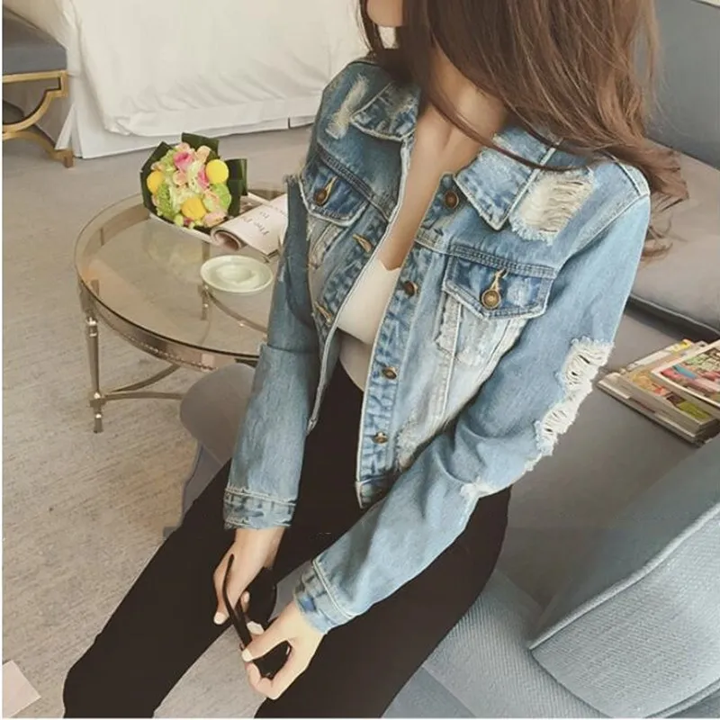 

Nice Tide Light Blue Bomber Short Jeans Jacket Casual Ripped Denim Outwear Hole Long Sleeve Slim Jeans Coat