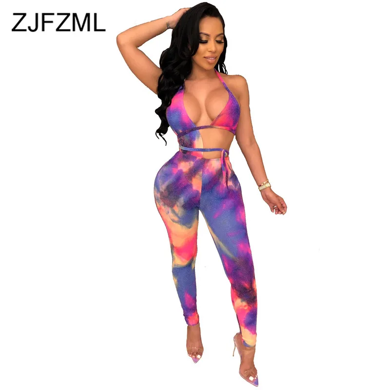 

Rainbow Tie Dyeing Sexy Bandage Jumpsuit Women Waist Band Cut Out Backless Skinny Bodysuit Summer Halter Sleeveless Party Romper