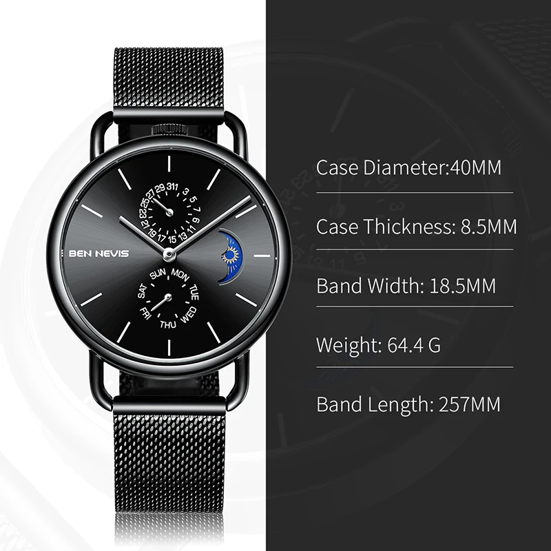 Luxury Black Men Watch Mesh Stainless Steel Casual Quartz Wrist Watch Men's Watches Clock reloj mujer relogio feminino QW016