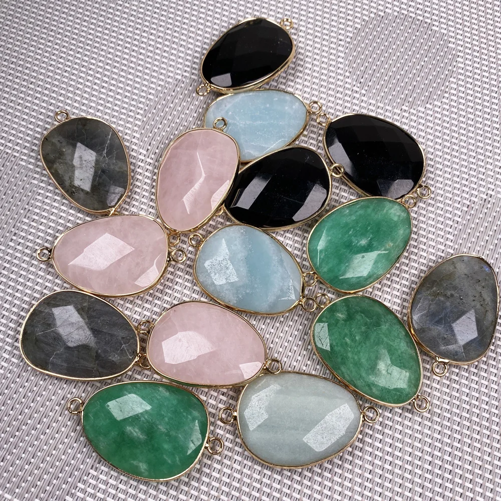 

Fashion Natural Stone Agat Pink Crystal Quartz Pendant 2 Hole Connector Charms for Women Jewelry Making DIY Necklace Bracelet