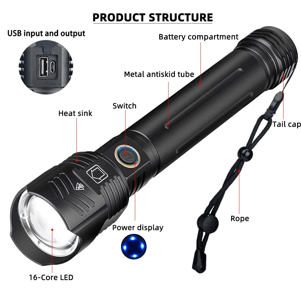 파워풀 XHP160 16 코어 LED 손전등 10000mAH, XHP110 USB 충전식 전술용 손전등 줌 토치 26650/18650 배터리 사용