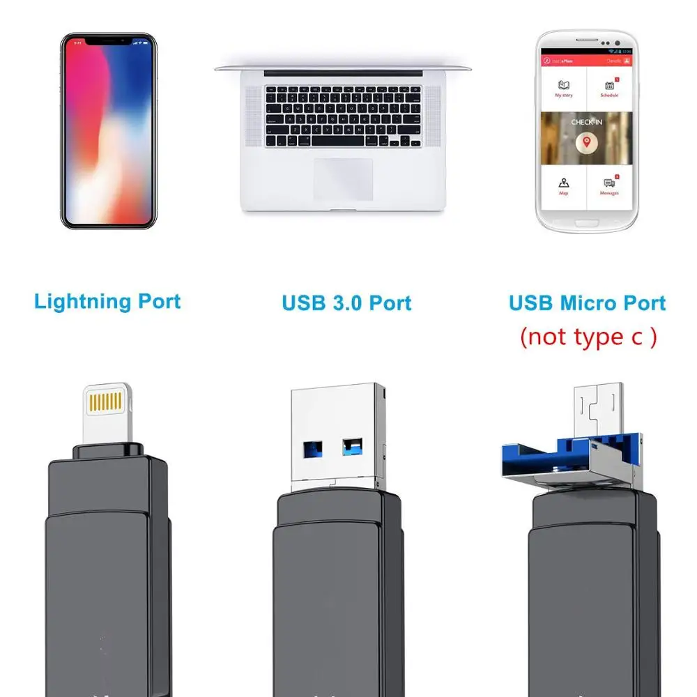 64GB Usb Flash Drive USB 3.0 for iPhone 3 in 1 USB 3.0 Lightning Micro Metal Data Storage USB Thumb Drive 3.0 Jump Drives Memory