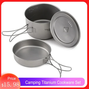 Lixada 2pcs Camping Cookware Set Titanium Pot Pan Cooking Set with Foldable Handles Mesh Carry Camping Hiking Tableware 1