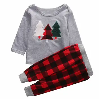 通販 クリスマスの幼児服キッズベビー少年少女のクリスマス木プリント長袖tシャツチェック柄パンツ2個衣装1-6Y用セット