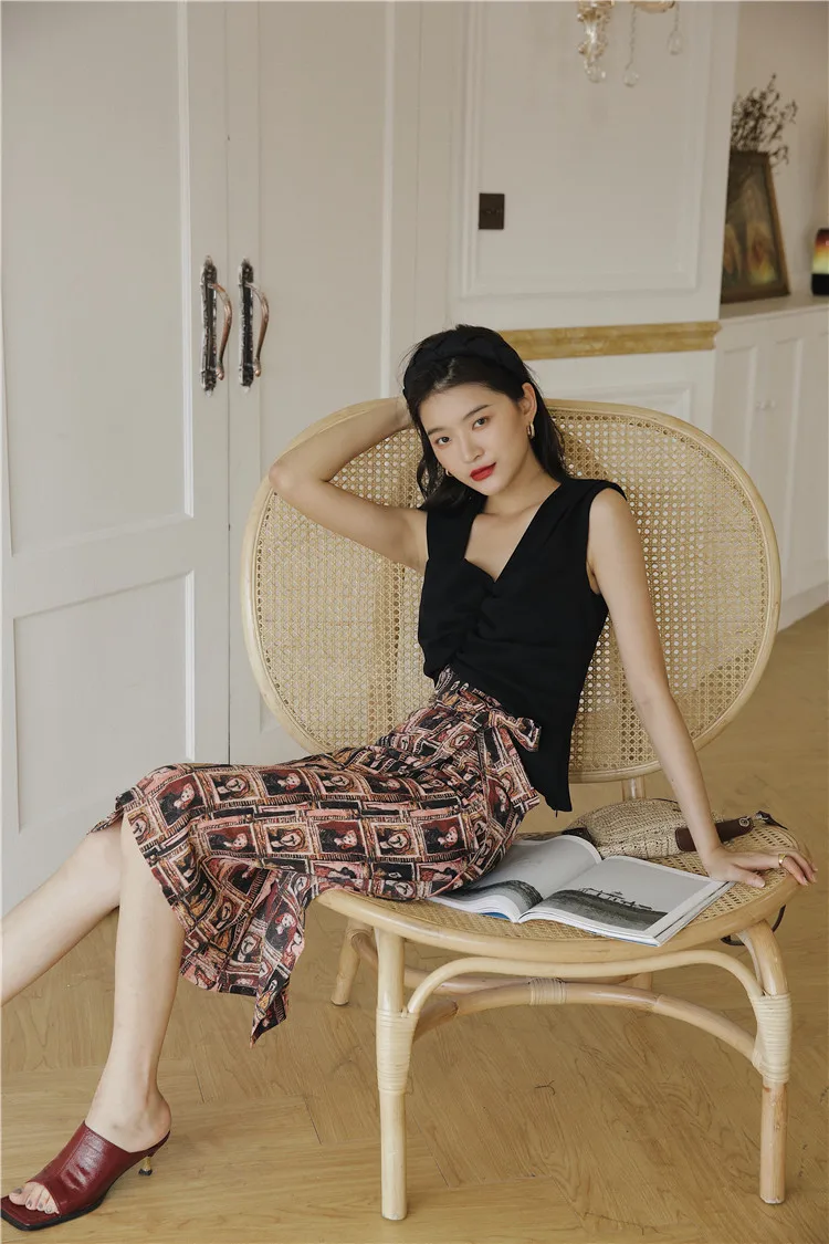 CHEERART Vintage Chiffon Skirts Womens Print High Waist Beach Wrap Skirt Lace Up Ladies Bohemian Skirt Straight Knee Length