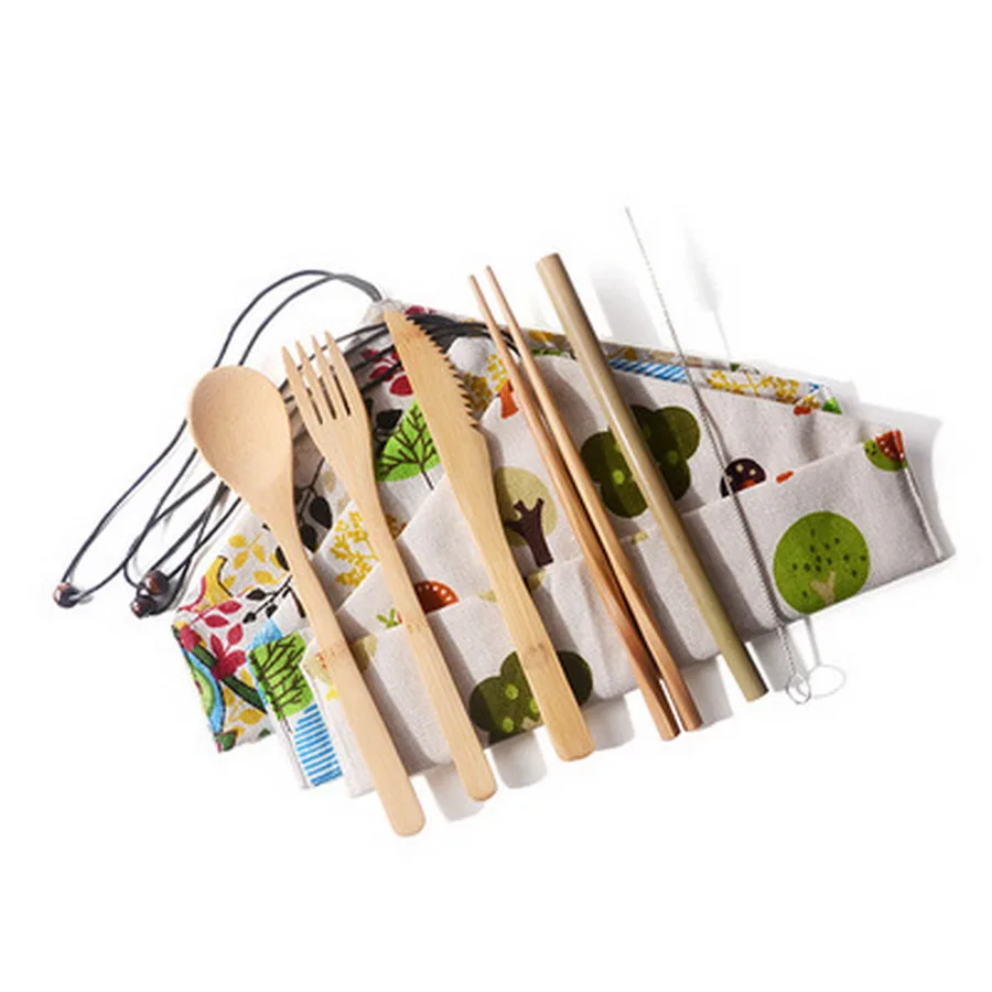 

DHL 50set 7pcs/set Wooden Flatware Cutlery Set Bamboo Straw Dinnerware Set With Cloth Bag