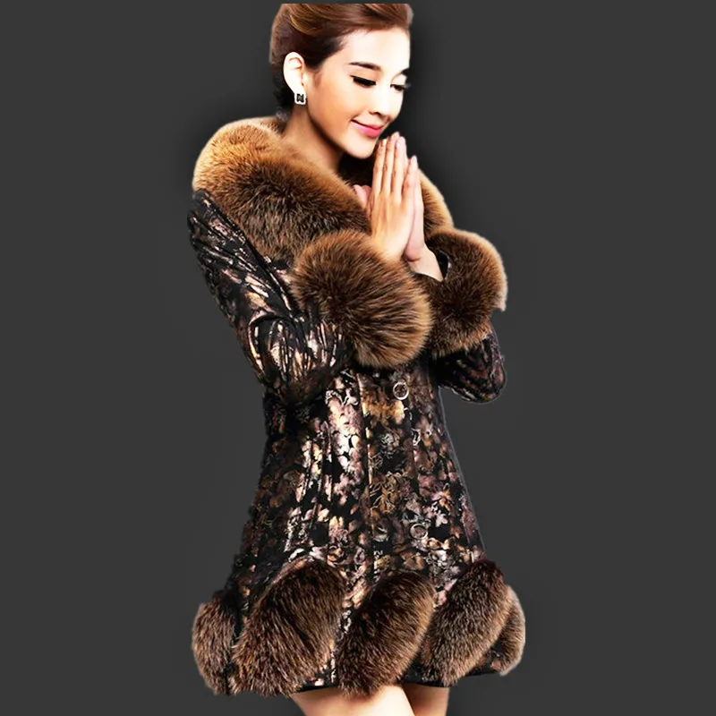 multi-color leather printed leather down jacket female long section fox fur sheep skin Slim autumn and winter new style