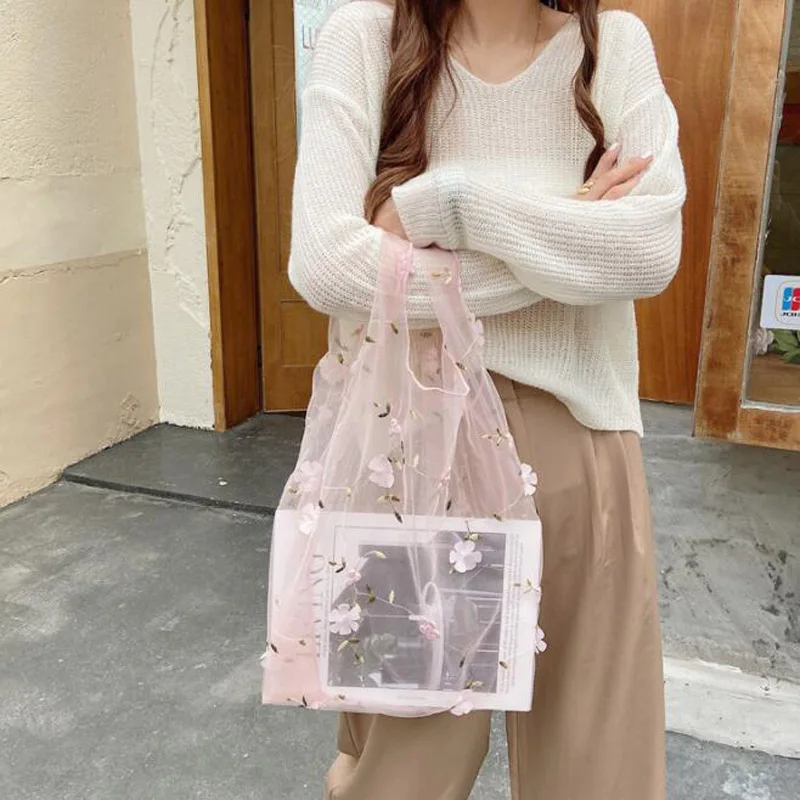 

3pcs Flower Embroidery Hand Bag Casual Tote Mesh Bag Lady Travel Shopping Bags Woman Handbags