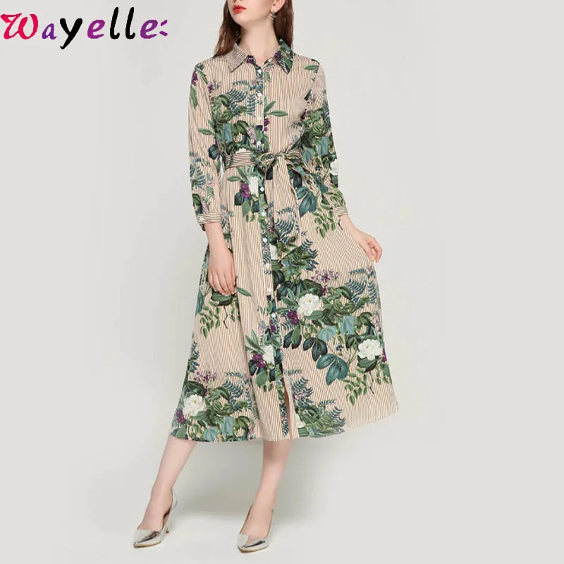 Dress Women Vintage Floral Striped Midi Dress Bow Tie Sash Long Sleeve Pleated Women Dress Female Elegnat Chic Party Dresses