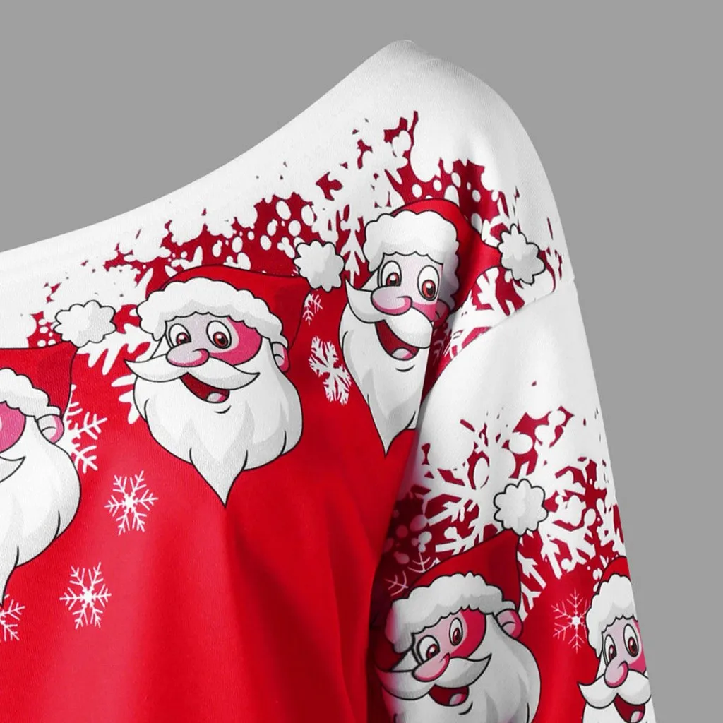 Зимняя мода для женщин Merry Christmas Санта Клаус печати косой воротник толстовка кофты Женская одежда#30