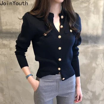 

JoinYouth Korean Vintage Solid Cardigans Women Autumn Single Breasted Slim Sweaters 2020 New Fashion Ladies Sueter Mujer J203