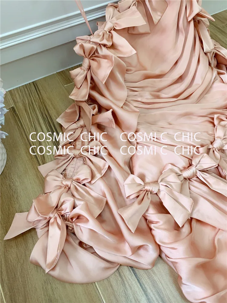 Cosmicchic элегантные сексуальные нестандартные платья с бантом и открытыми плечами, мини платья для вечеринок, косой воротник, фонарь, длинный рукав, облегающее розовое платье