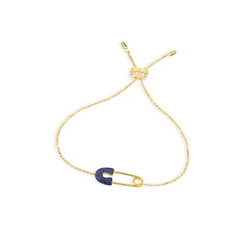 

925 Sterling Silver New fashion Navy Blue Safety Pin Bracelet classic gold geometric crystal pins bracelet women fine jewelry