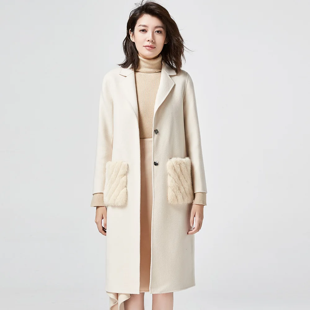 Зимнее женское пальто новое классическое кашемировое пальто белое шерстяное пальто водяное бархатное кашемировое пальто с карманами женское кашемировое пальто для женщин - Цвет: White