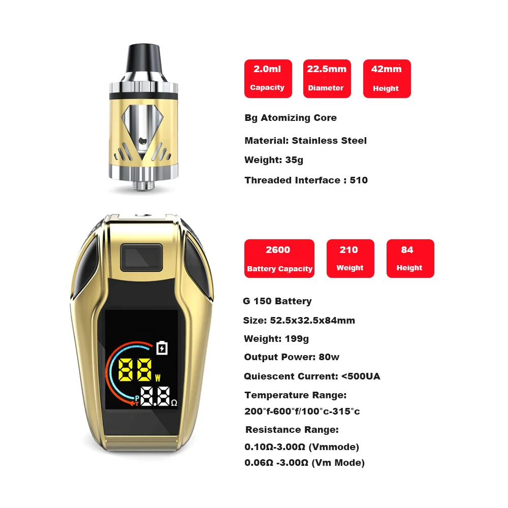 

100W vape kit LED Screen with USB Charger 2600mah bulit-in battery high quality vaporizer vape Huge Vapor Electronic Cigarette